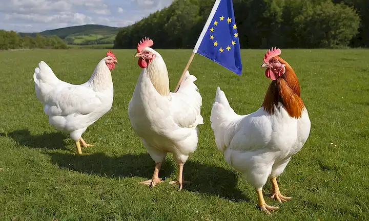 Imagen con la bandera de la Unión Europea junto con ilustraciones de gallinas sanas y naturaleza.