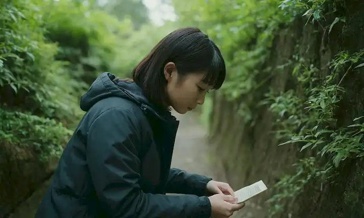 Persona investigando un misterioso caso, buscando pistas en medio de un entorno urbano. Posibles subtítulos japoneses: Kawaii ¿Desu ka?