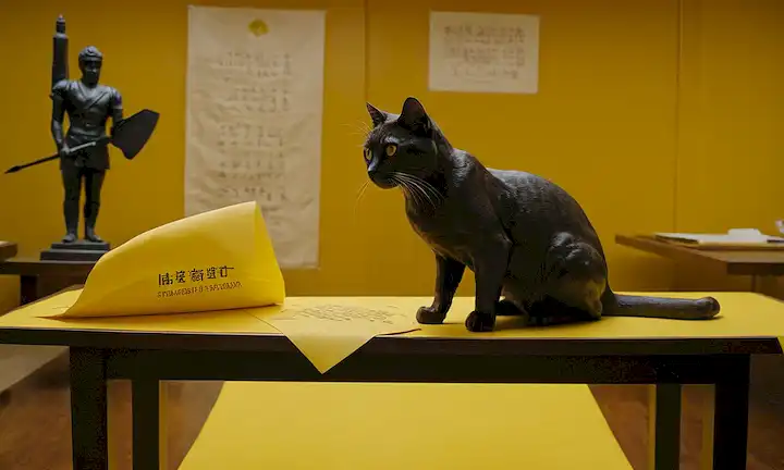 Estatua de gato parcialmente cubierta por papel amarillo con texto Investigacion en curso y flecha apuntando a otra estatua. Bandera japonesa junto a las estatuas, en medio de una mesa de investigación frente a una cámara iluminada; posiblemente involucrando a algún científico o investigador tratando de averiguar qué causa el ataque de gas venenoso contra las líneas felinas en Japón.