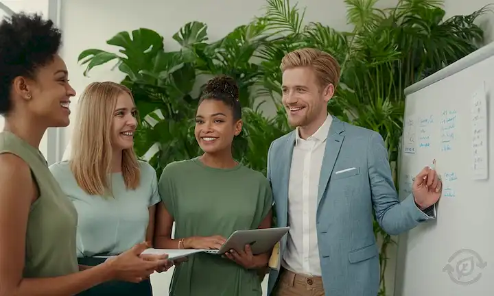 4 personas de diferentes generaciones de pie juntos en un espacio de oficina moderno, sonriendo y colaborando alrededor de una pizarra, con laptops y cuadernos extendidos, rodeado de paredes coloridas, plantas verdes y decoraciones minimalistas, con diversas edades, peinados y atuendos