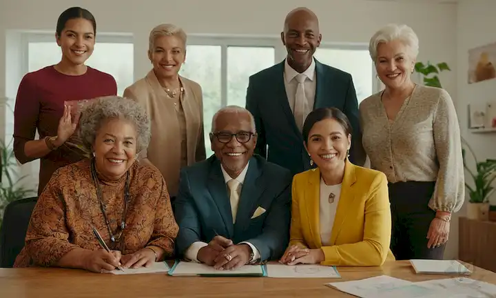 4 generaciones de personas sonriendo, diversa en edad, género, etnia y atuendo, se reunieron alrededor de una mesa o escritorio con un espíritu colaborativo, con individuos de diferentes orígenes profesionales, rodeados de símbolos de innovación, crecimiento y éxito, con colores brillantes y un ambiente cálido