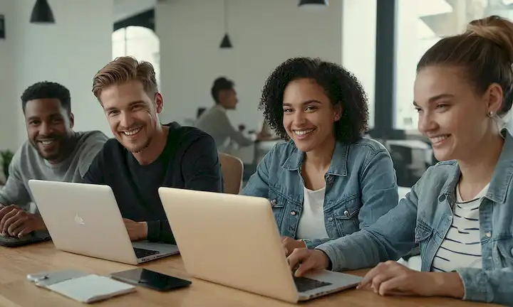 4 personas de diferentes generaciones (millennial, generación Z, baby boomer y generación silenciosa) sentado alrededor de una mesa con laptops, sonriendo, manos en el teclado, diversos espacios de trabajo en el fondo