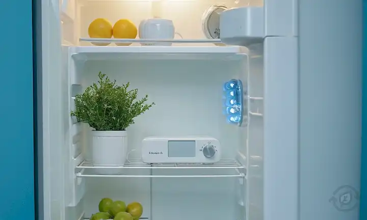 Nevera interior invierno escena, bombillas de ahorro de energía, esfera de temperatura, concepto ecológico verde, ahorro de energía icono, pantalla termostato, electrodomésticos domésticos, nevera blanca, fondo azul, ventana soleada con un resplandor cálido