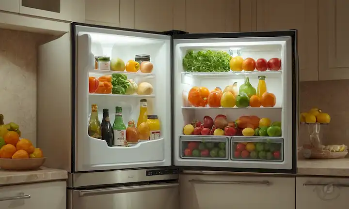Un refrigerador con puertas abiertas, que exhibe comida fresca y bebidas en verano e invierno, con medidores de temperatura y luces visibles, ubicado en un fondo neutro de encimeras de cocina o electrodomésticos