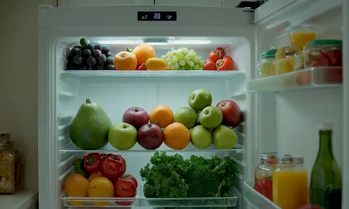 Nevera interior con estantes apilados con frutas y verduras coloridas, medidor de temperatura en la esquina, bebidas frías en la plataforma media, bandeja de hielo fundido en una piscina de agua, y algunas comidas cocinadas envueltas y almacenadas en la plataforma superior