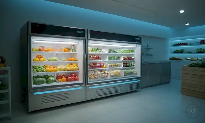 Un espacio refrigerado con control de temperatura, escenarios de verano e invierno, estantes frigoríficos almacenados, productos alimenticios frescos, sistema de enfriamiento visible, no temperaturas extremas, iluminación sutil