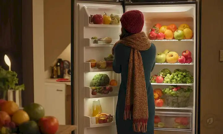 frigorífico 3D con puerta abierta, iluminación caliente dentro, frutas de verano y verduras en estanterías, sombrero de invierno y bufanda colgando cerca, termómetro en fondo