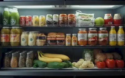 4 estanterías con diversos productos alimenticios y bebidas