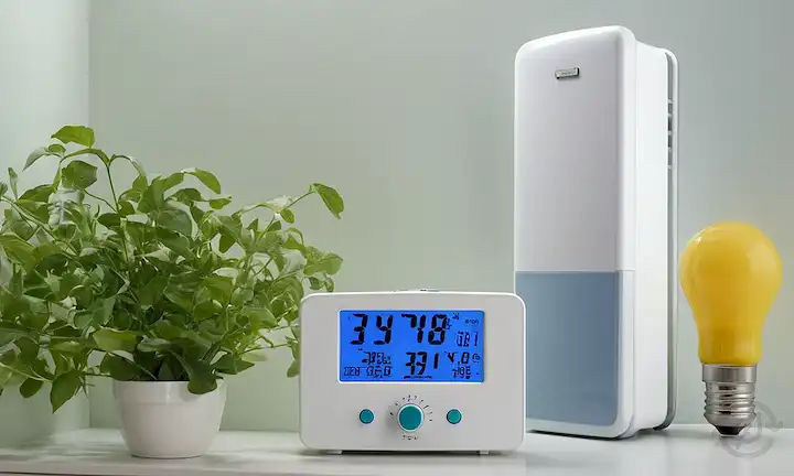 Diagrama 3D de nevera, medidores de temperatura de verano e invierno, bombilla de ahorro de energía, planta de hoja verde, cuchillas de ventilador de refrigeración, pantalla termostatato, manos de reloj mostrando día y noche, lecturas termómetro, pantalla digital con datos de consumo de energía, y un tono de color azul sutil