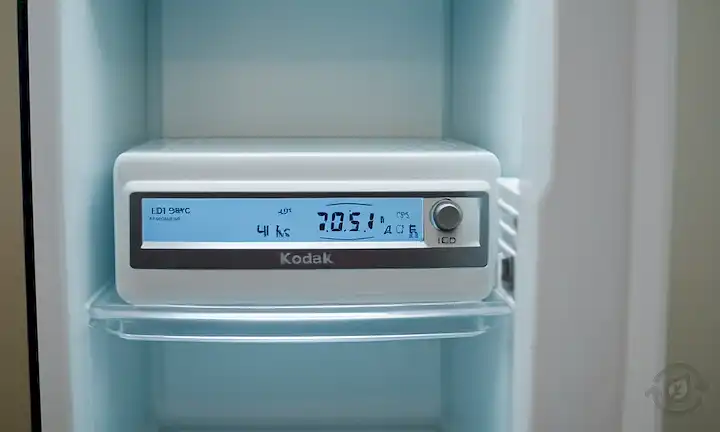 heladera con hielo, medidor de temperatura fría, escenas de verano e invierno, componentes de sistema de refrigeración, estantes de hielo, bebidas heladas, electrodomésticos en uso, medidores de consumo de energía, controles termostatos, artículos domésticos almacenados