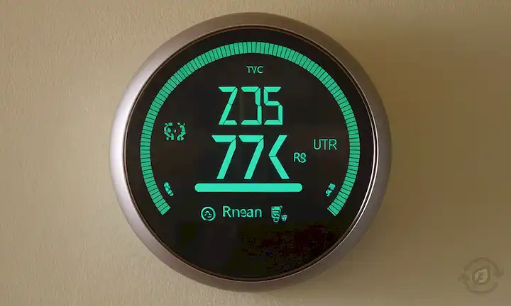 ilustración 3D de un termostato hogareño inteligente, iconos de energía verde, un medidor de temperatura y un globo, rodeado de circuitos sutiles y faroles, con un toque de un día soleado cálido o nieve invierno en el fondo