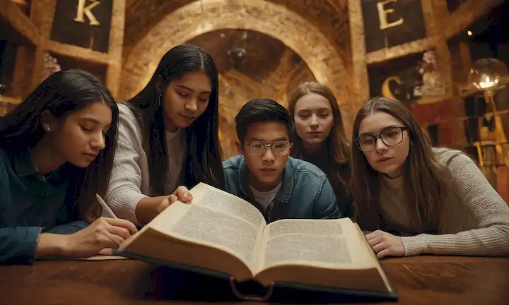 Un grupo diverso de estudiantes se reunieron alrededor de un libro abierto, rodeado de símbolos y conceptos globales.