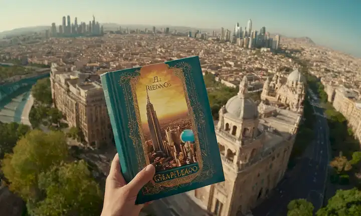 Una persona con un libro titulado El Gran Reemplazo con un paisaje urbano en el fondo.
