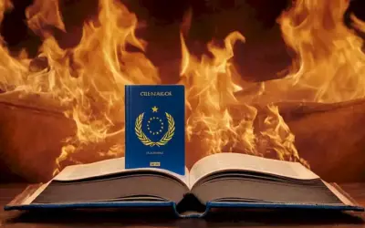 Una cubierta de libro con llamas y banderas europeas en el fondo.