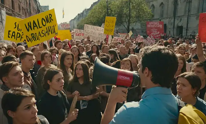 Una persona con un megáfono en medio de una multitud, con señales antidiscriminatorias y banners de protesta en el fondo.
