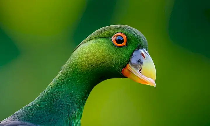 Guacamajo personificado adornado en verde esmeralda con una disposición soleada que simboliza esperanza y renovación después de décadas de extinción debido a los esfuerzos de conservación en el Grebe de Spixs. Esto se presenta como una forma abstracta