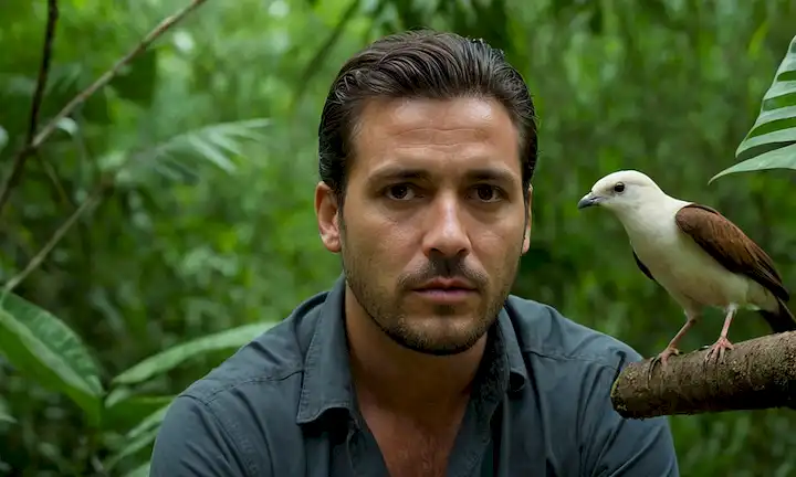 Un valiente y decidido conservacionista de vida silvestre frente a un muerto pero extinto ave de guavajal spixi, rodeado de exuberante follaje de la selva y aves tuiteando en el fondo. En un fuerte alivio contra la vegetación se encuentra la palabra Conservación en la parte inferior de la pantalla – toda la cara humana falta excepto por su intensa expresión que sostiene la importancia de nutrir especies de vida silvestre en peligro.