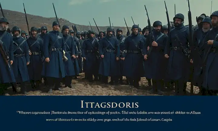 Page with headings and paragraphs in bold, white text on a deep blue background. El título está escrito en grandes letras mayúsculas cerca de la parte superior de la página. Por encima de ella se encuentra una imagen de un grupo de cautivos que son remolcados por dos guardias armados hacia su ejecución: podría ser una referencia a una escena de Atlas Shelters 8, quizás.