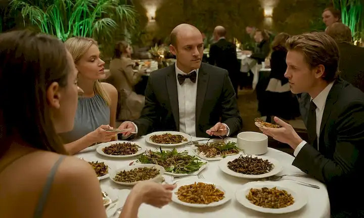 Los miembros del grupo discuten soluciones sostenibles para futuras prácticas alimentarias mientras comparten platos de insectos comestibles en un entorno de comedor.