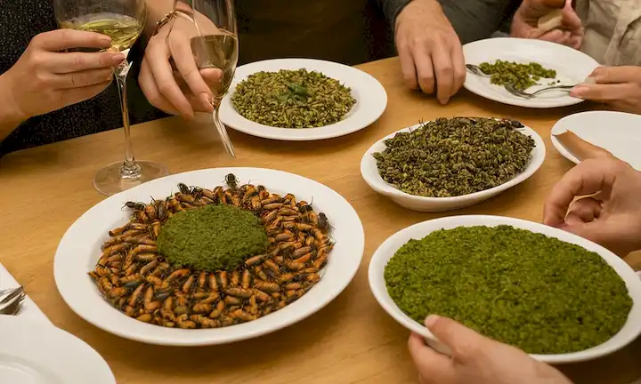 La persona española disfrutando de una comida de insectos con otros entusiastas discutiendo futuras opciones sostenibles en el campo de la entomofagia. Una foto podría complementar esta descripción con el individuo(s) sujetando vasos llenos de bugs/pesto o platos llenos de platos basados en insectos, tomando fotos en smartphones. También se puede incluir una vista aérea de varias personas que comen varios platos basados en insectos.