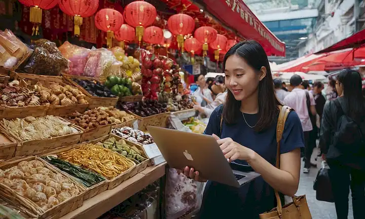 Aficionados a la cultura navegando a través de una variedad de artículos tradicionales chinos en un mercado ocupado mientras sostienen su portátil que muestra el promo para el viaje de vuelo libre. La imagen puede mostrar la emoción y la alegría que uno puede experimentar al viajar a la vibrante ciudad de Hong Kong.