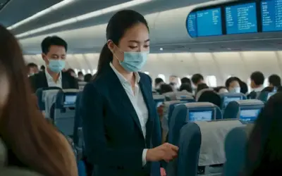 Pasajero abordando un avión en un aeropuerto de Hong Kong después de recibir un email promocional con reducciones de tarifas para viajar durante la pandemia. Los detalles del vuelo están ocultos dentro de una imagen gráfica y acompañados por texto persuasivo.