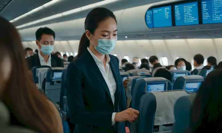 Pasajero abordando un avión en un aeropuerto de Hong Kong después de recibir un email promocional con reducciones de tarifas para viajar durante la pandemia. Los detalles del vuelo están ocultos dentro de una imagen gráfica y acompañados por texto persuasivo.