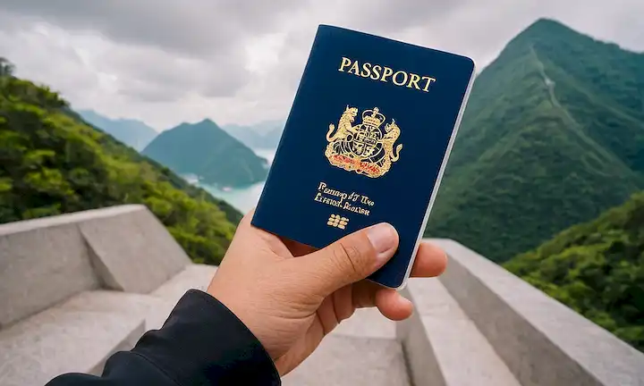 Persona de pie sobre una montaña o edificio, con el símbolo de destino (pasaporte) en el centro y varias palabras acompañantes. Por ejemplo, Travel VISA-free, Hong Kong Free Travel Voucher Giveaway, gana $10,000 en efectivo de viaje! o Ganadores seleccionados para recibir entradas de cortesía para cuatro. Observe que la declaración original probablemente no encaja en esta línea única, por lo que sugirió que lea el contenido completo en la fuente. He aquí un resumen de una línea del indicador de la muestra: Las personas de todo el mundo participan en un evento anual basado en Hong Kong, donde intercambian pasaportes en los puntos de control para evitar las tasas de entrada o restricciones de viaje. Esto se basa en un artículo de 2019 sobre el evento y su significado en el mercado turístico de Hong Kong - pero de nuevo recuerde, los detalles completos pueden no aparecer en un formato tan breve.