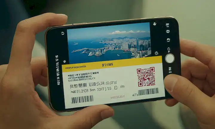 Persona desplazando a través de un dispositivo electrónico para ver una imagen de un vale de vuelo gratuito a Hong Kong con instrucciones sobre cómo reclamarlo.
