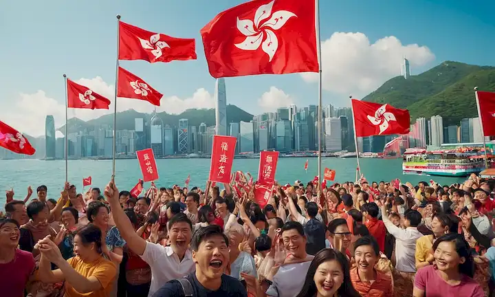 Crowd of happy people embracing with flags, landmarks of Hong Kong in the background amidst vibrant energy and hopefulness, symbolizing bright future. La fuente de textos se modifica para parecerse a los boletos de vuelo.