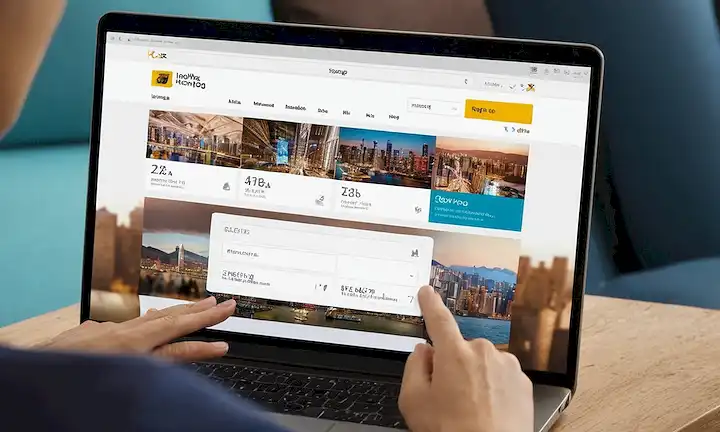 Persona navegando por una página de resultados de búsqueda en línea con paquetes de viajes de Hong Kong, mientras escribe en la barra de búsqueda. El destino se menciona como Hong Kong, Hong Kong. En negrita en la parte superior de la página es REGALA VUELOS. Es una guía paso a paso sobre cómo encontrar y utilizar un código promocional para reservas de vuelo gratuitas.
