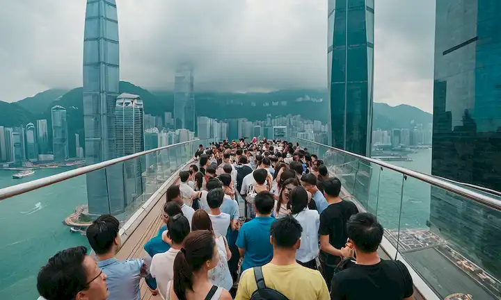 Crowd disfrutando de una vista emocionante en la cubierta superior de Hong Kongs emblemático complejo rascacielos. Descubra cómo obtener un boleto gratis para su vacaciones de sueño!