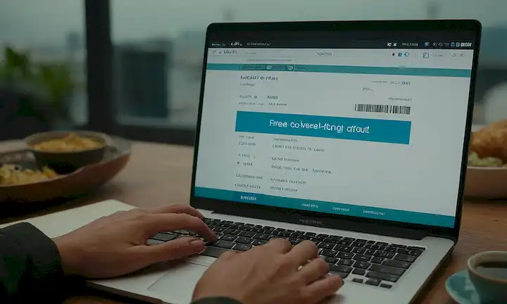 Persona escribiendo en un portátil con palabras llenando la pantalla. La imagen muestra a la gente compartiendo información sobre un boleto de vuelo gratuito a Hong Kong y otros consejos de viaje relacionados con él.