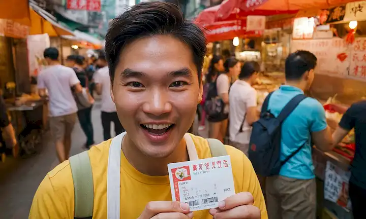 Aficionados a la comida explorando la cultura de comida callejera vibrante en Hong Kong con una expresión excitada y un vale de viaje.