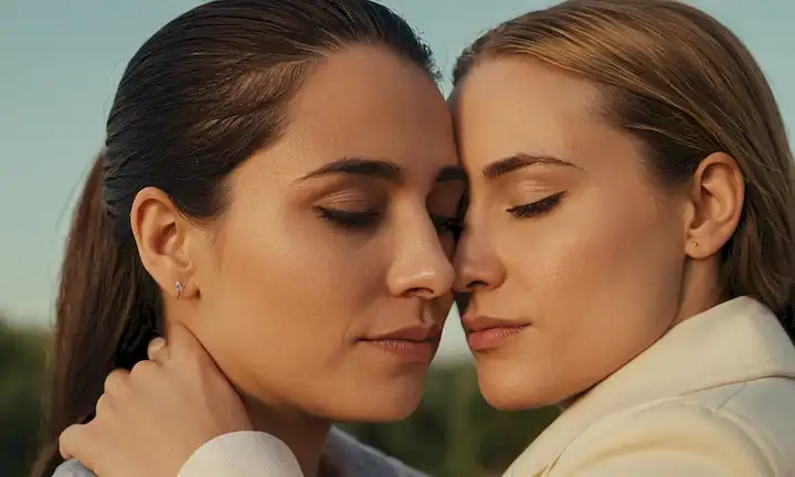 Mujer abrazando a su pareja en un abrazo romántico, con el simbolismo de ser aceptada abiertamente como parte de la comunidad LGBaTdB budiaqu (Lesbian, Gay, Bi y Trans) demostrada.