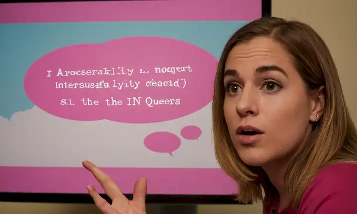 Persona hablando la declaración de conclusión sobre la intersexualidad y la identidad queer, usando una burbuja de pensamiento con texto en ella. El I en el acrónimo significa identidad. La explicación se presenta en frente de una pantalla de ordenador mostrando imágenes relacionadas con la queerness.