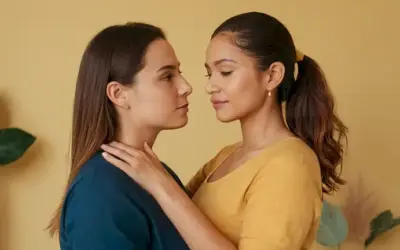 Mujer de pie con las manos tocando el corazón y los hombros con otra mujer en el fondo. La primera letra I del acrónimo LGBTTQIP significa lesbianas