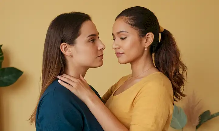 Mujer de pie con las manos tocando el corazón y los hombros con otra mujer en el fondo. La primera letra I del acrónimo LGBTTQIP significa lesbianas