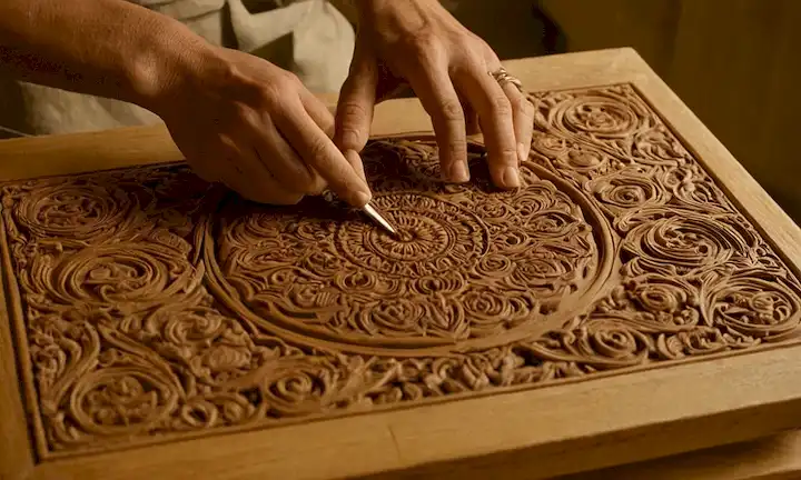 Diseños intrincados de talla de artista en madera reciclada utilizando técnicas tradicionales. La pieza refleja la belleza y complejidad de las esculturas de madera recicladas que han conquistado Europa.