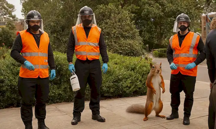 Crew usando engranaje protector contra la propagación de la epidemia de las ardillas, calles de la ciudad y edificios decorados con signos de cuarentena como vista aérea. El objetivo principal es contener la infestación de ratas antes de que se propaga por todo el país. Créditos de imagen a: Prodyne, un minorista australiano especializado en utensilios de cocina y servicio de alimentos que se asoció con la empresa con sede en el Reino Unido CSM (Catering " Event Supplies) para crear este innovador contenedor ardilla para restaurantes y cafés.
