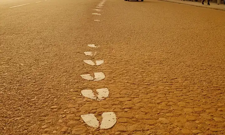 Paisaje urbano o callejero con un emblemático cartel de ladrillo HORMIGA LOCAS con prisa, rodeado de huellas humanas o residuos. Esto significa las amenazas ecológicas y urbanas que plantean las bacterias invasivas de la enfermedad de la vaca. Es probable que la frase se tome de esta traducción española: Impacto de la hormiga loca en el ecosistema de Hormiga loca en Barcelona: La amenaza invasora que podría llegar a toda España.