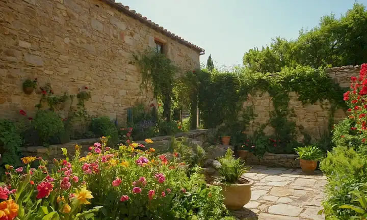 Flores vibrantes que florecen en un exuberante jardín, rodeado de vegetación y paredes de piedra natural, la cálida luz del sol brillando, posiblemente con algunas herramientas de jardinería o un trellis, acogedor ambiente con una abundancia de colores y texturas