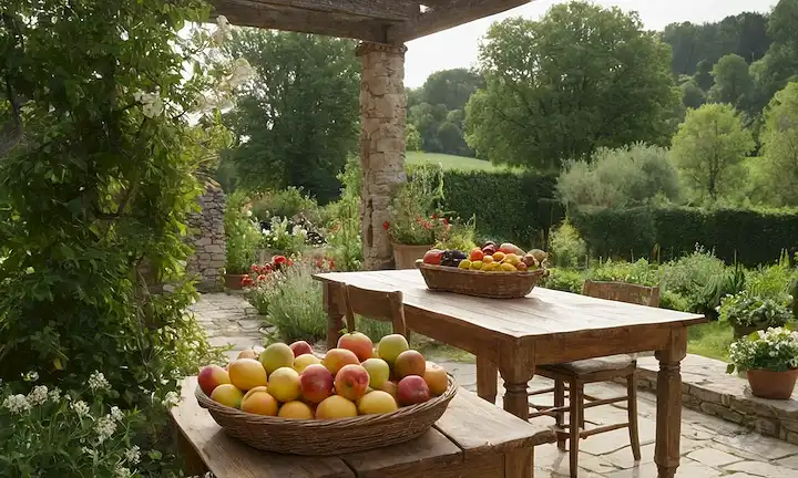 un jardín con flores vibrantes, vegetación exuberante, y unos pocos árboles frutales, clima soleado, tonos terrenales, herramientas de jardín, y una abundancia de productos frescos en mesas o canastas, fondo rústico de madera, paredes de piedra natural, un ambiente sereno