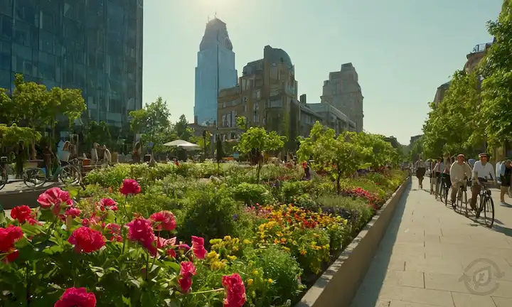 Flores vibrantes, exuberante vegetación, paisaje urbano, edificios con jardines en la azotea, faros, pavimento, árboles, bicicletas, personas que disfrutan de oasis urbanos, jardineros que tienden a plantas, desarrollo de uso mixto, arquitectura moderna, espacios comunitarios, parques, pasarelas, murales, instalaciones de arte