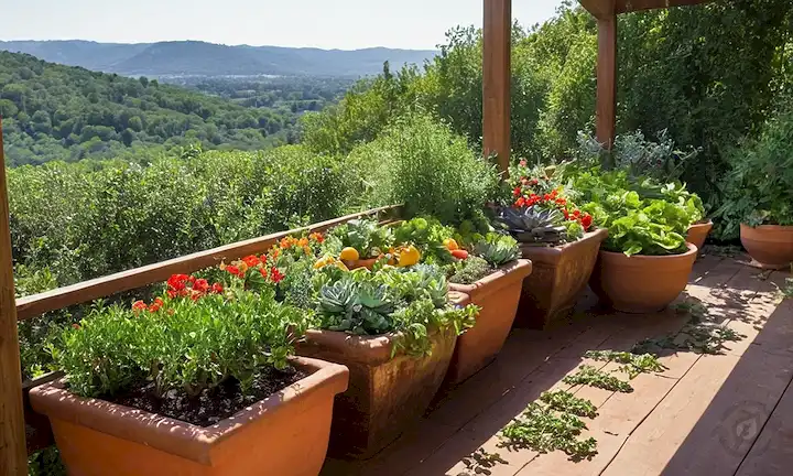 Viñas enredadas alrededor de cercas de jardín, tomates madurando en latticework de madera, exuberantes hierbas verdes derramando de plantas, flores coloridas balanceándose en suave brisa, cálidas sombras de fundición de la luz del sol, mesa rústica de madera cargada de productos frescos, macetas de terracota que rebosan con suculentas, hileras de verdes frondo hasta horizonte