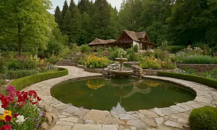Jardines coloridos que florecen con flores vibrantes, vegetación exuberante, y plantadores rústicos de madera, terrazas soleadas rodeadas de árboles señoriales, mariposas animadas que chocan entre flores, jardinero sonriente que tiende a florecer plantas, senderos de piedra naturales que serpentean por el paisaje, un estanque sereno que refleja la belleza por encima