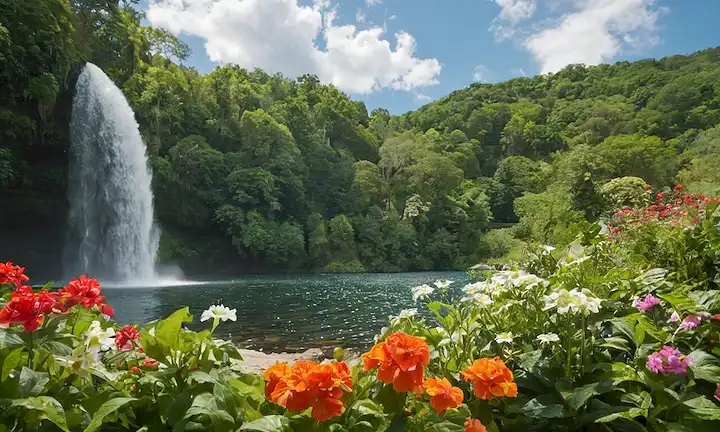 gotas de agua que caen de plantas verdes frondosas, un cielo azul con nubes blancas suaves, una playa serena o agua de la piscina con los huéspedes tomando el sol, un lago o río tranquilo rodeado de vegetación exuberante, una cascada sobre rocas y exuberante follaje, un cubo o riego pueden recoger agua de lluvia, un jardín lleno de flores florecientes