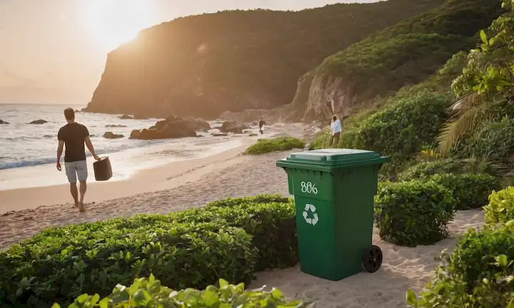 escenario hotelero respetuoso con el medio ambiente con contenedores de reciclaje, vegetación y residuos mínimos, posiblemente con un elemento de playa o agua, mostrando un ambiente relajado, y destacando a las personas que participan en prácticas sostenibles como componer o subciclar, tal vez incluyendo un sistema de paneles solares o fuente de energía ecológica, mostrando la armonía entre humanos y naturaleza