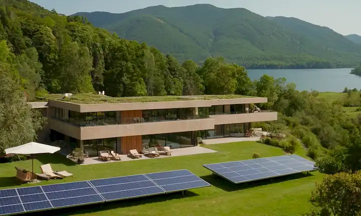 Árboles cerca de un lago sereno, paneles solares en techos de hotel, colinas cubiertas de vegetación, coches ecológicos, gente sonriente disfrutando paseos naturales, limpiezas de la playa en progreso, materiales de construcción sostenibles utilizados en la construcción