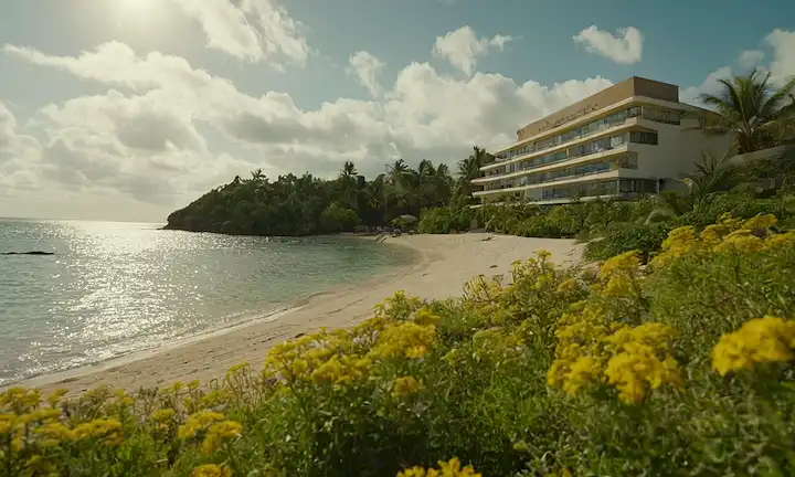 Entorno inspirado en la naturaleza, vegetación, flores, árboles, sol o nubes, edificio de hoteles o una señal con un tema natural, agua tranquila, playa de arena, ambiente relajante, símbolo de sostenibilidad, elementos ecológicos, tonos terrenales